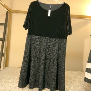 NWT Land’s End Black Damask Midi Short Dress with Velvet Bodice Size 2X 20W 22W